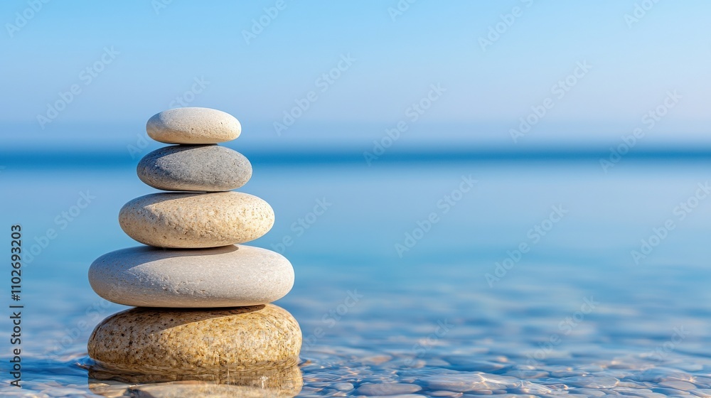 A serene stack of smooth stones balanced on a calm shoreline, reflecting tranquility and harmony with nature under a clear blue sky. A serene stack of smooth stones balanced on a calm shoreline, reflecting tranquility and harmony with nature under a clear blue sky.