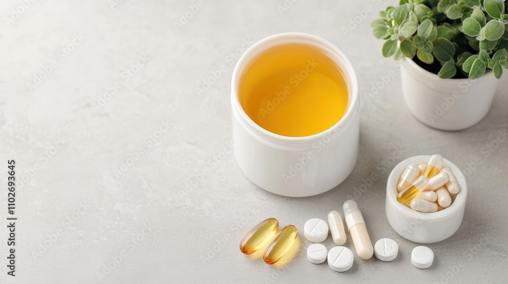 The image features a white container of yellow substance, surrounded by various pills and a small green plant in white pots. The image features a white container of yellow substance, surrounded by various pills and a small green plant in white pots.