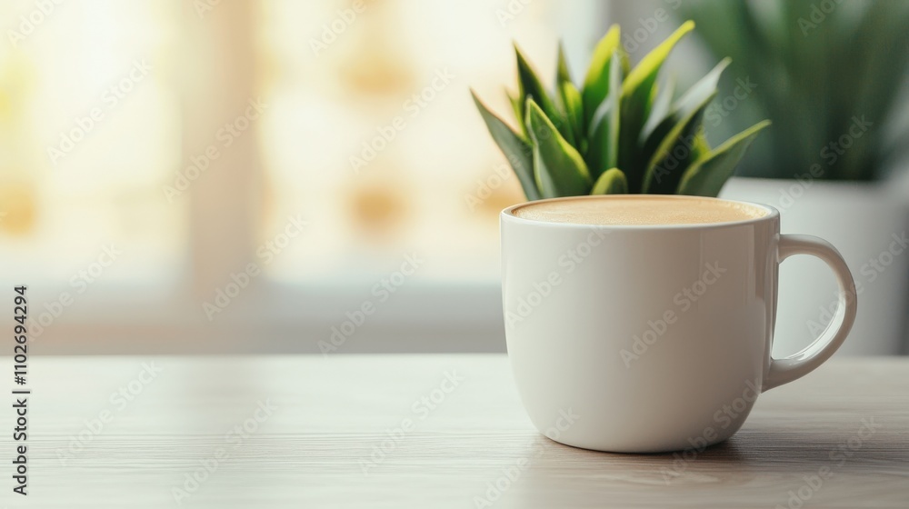 A cozy white coffee mug sits on a wooden table beside a small green plant, illuminated by soft sunlight from a nearby window. A cozy white coffee mug sits on a wooden table beside a small green plant, illuminated by soft sunlight from a nearby window.