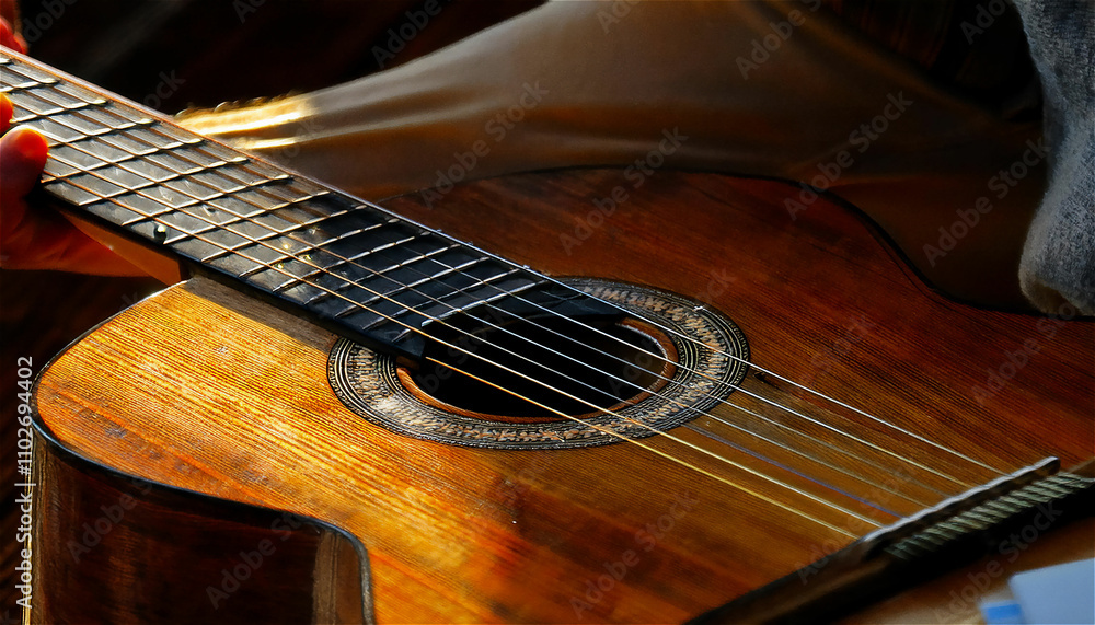 Fototapeta premium A close-up of a classical guitar resting on a wooden floor, with warm, soft lighting