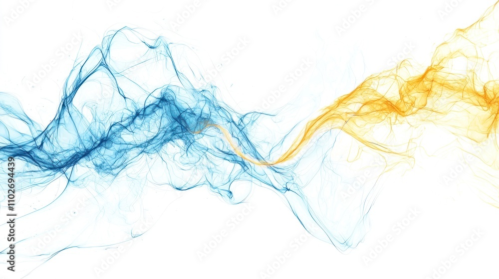 Fototapeta premium Abstract electric currents and sparks in shades of blue and yellow, set against a clean white background