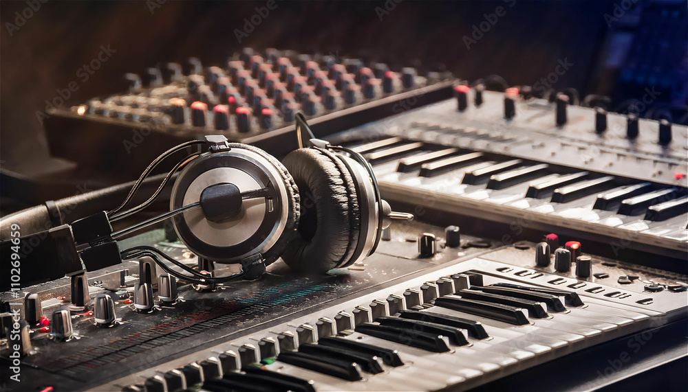 A collection of music equipment laid out on a studio floor- headphones, microphones, mixing A collection of music equipment laid out on a studio floor- headphones, microphones, mixing