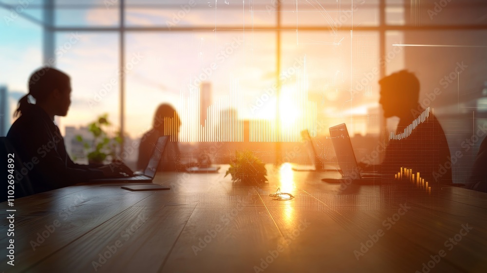 Team Collaboration at Sunset in Modern Office Space Team Collaboration at Sunset in Modern Office Space