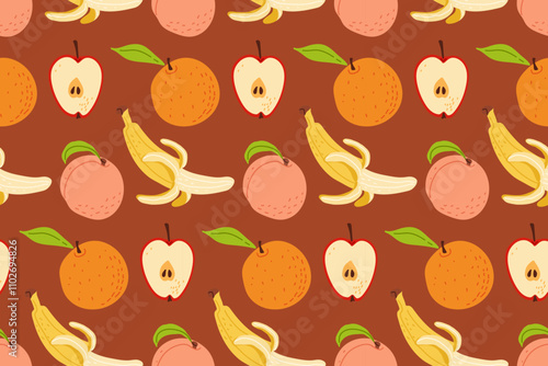 Colorful fruit pattern featuring bananas, apples, oranges, and peaches on a rich background