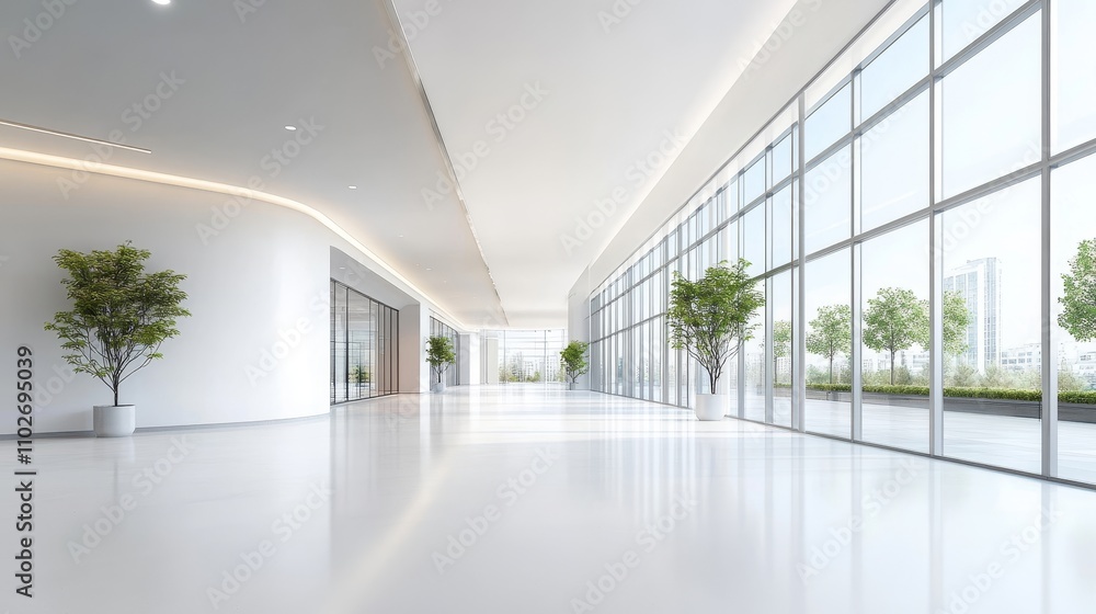 Modern Spacious Lobby with Large Windows and Plants Modern Spacious Lobby with Large Windows and Plants