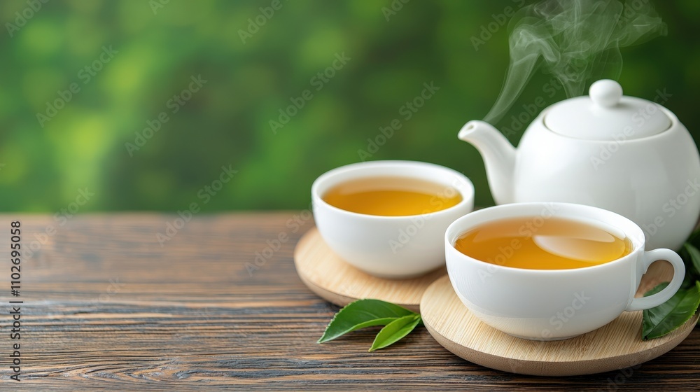 Two steaming cups of tea beside a teapot, set on a wooden table with green leaves, creating a serene and inviting atmosphere. Two steaming cups of tea beside a teapot, set on a wooden table with green leaves, creating a serene and inviting atmosphere.