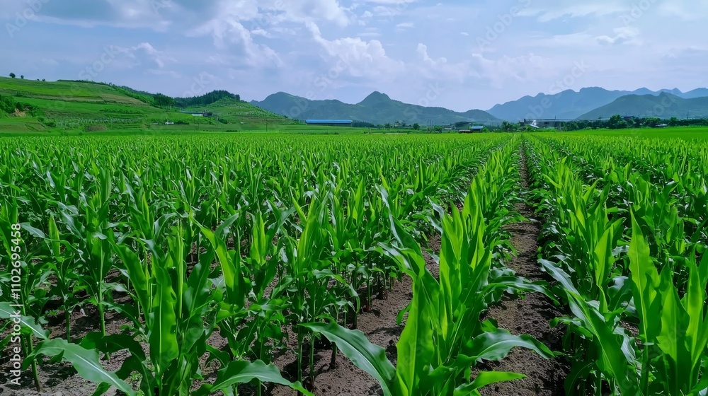 Innovative Agricultural Practices: Farmers Utilizing Smart Water Recycling Techniques in Expansive Green Corn Fields Under Clear Blue Skies and Mountains Innovative Agricultural Practices: Farmers Utilizing Smart Water Recycling Techniques in Expansive Green Corn Fields Under Clear Blue Skies and Mountains