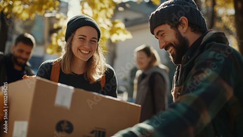 Community volunteers distribute food at a local pantry during autumn afternoon photo