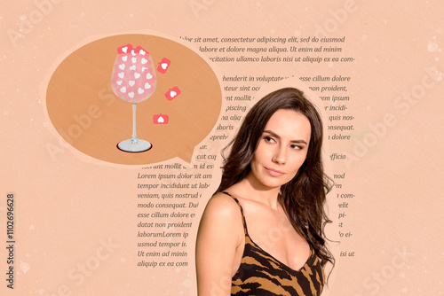 Creative collage of minded pretty girl brainstorming mind bubble like notification glass book page text isolated on beige background photo