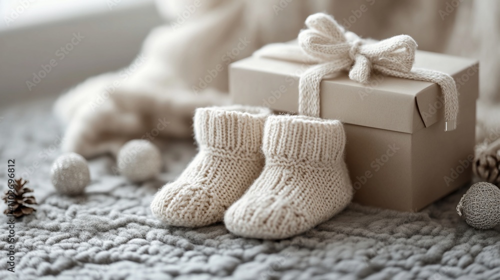 Knit baby booties and gift box on soft blanket. Knit baby booties and gift box on soft blanket.