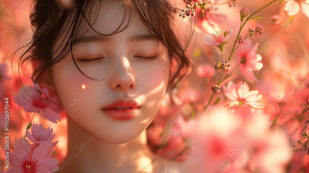 Beautiful Asian Woman Surrounded by Flowers, Spa and Skincare Concept Beautiful Asian Woman Surrounded by Flowers, Spa and Skincare Concept