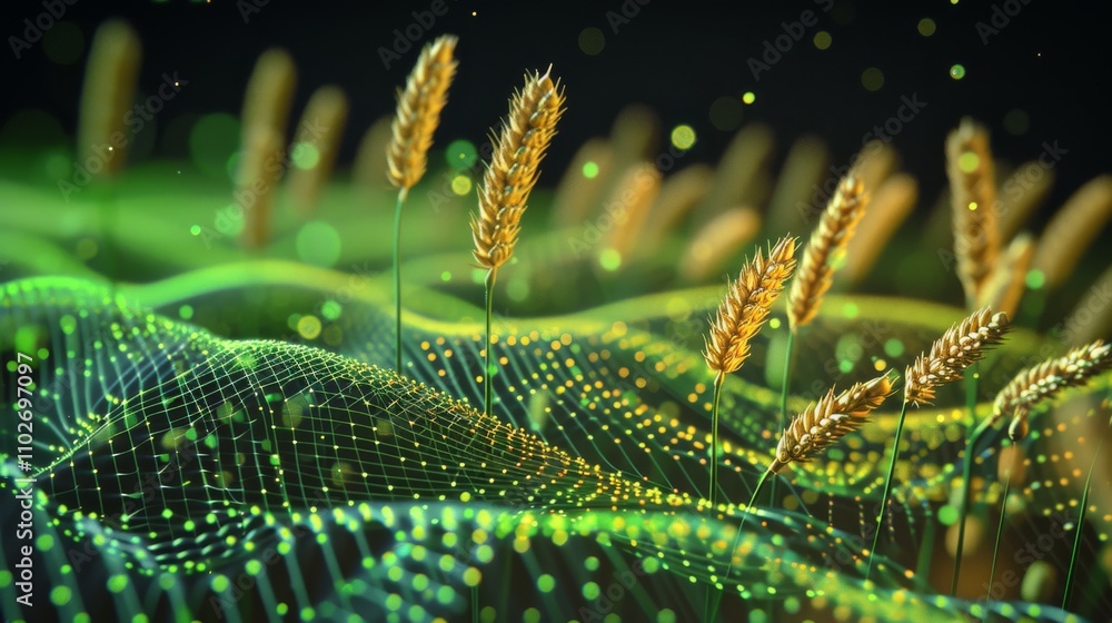 A vibrant AI-generated image showcasing a futuristic wheat field. Golden wheat stalks rise from a digital landscape of glowing green grid lines, blending nature and technology. AI generated.