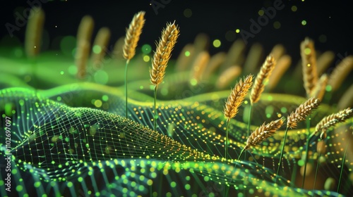 Obraz na płótnie A vibrant AI-generated image showcasing a futuristic wheat field. Golden wheat stalks rise from a digital landscape of glowing green grid lines, blending nature and technology. AI generated. w salonie