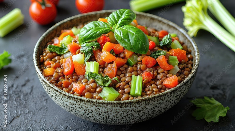 Healthy lentil salad with fresh vegetables and basil, vibrant bowl on dark stone background. Healthy lentil salad with fresh vegetables and basil, vibrant bowl on dark stone background.