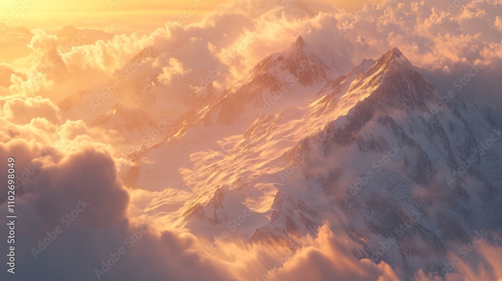 Majestic snow-covered mountains under golden hour light with clouds creating a dramatic backdrop Majestic snow-covered mountains under golden hour light with clouds creating a dramatic backdrop
