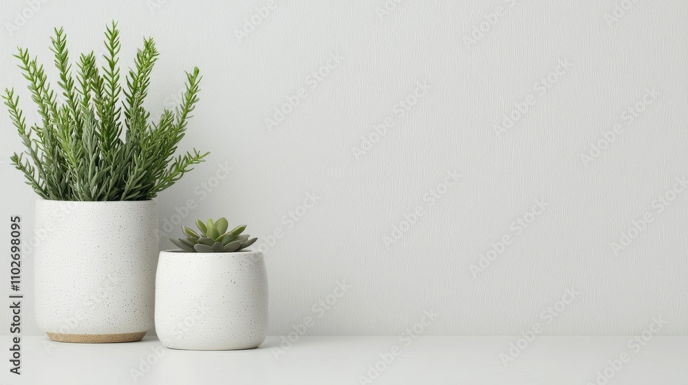 Two potted plants with lush greenery on a minimalist white surface, creating a fresh and serene atmosphere. Two potted plants with lush greenery on a minimalist white surface, creating a fresh and serene atmosphere.