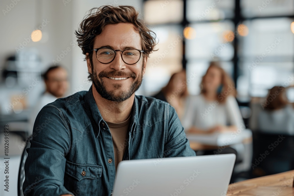 Smiling Male Entrepreneur Working on Laptop in Modern Office with Diverse Team Smiling Male Entrepreneur Working on Laptop in Modern Office with Diverse Team