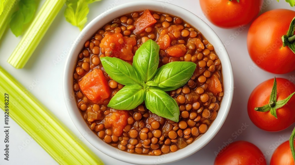 Delicious lentil stew with tomatoes and basil on a white isolated background. Delicious lentil stew with tomatoes and basil on a white isolated background.