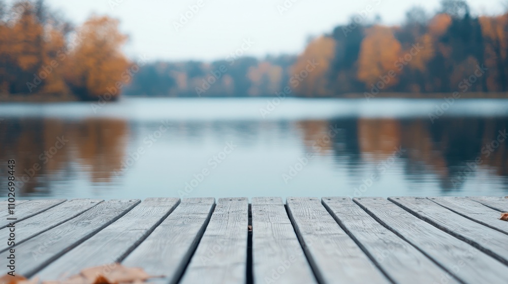 A serene lakeside view featuring a wooden dock, surrounded by autumn foliage reflecting on the calm water. A serene lakeside view featuring a wooden dock, surrounded by autumn foliage reflecting on the calm water.