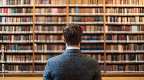 A person stands in front of a large bookshelf filled with numerous books, contemplating knowledge and literature.