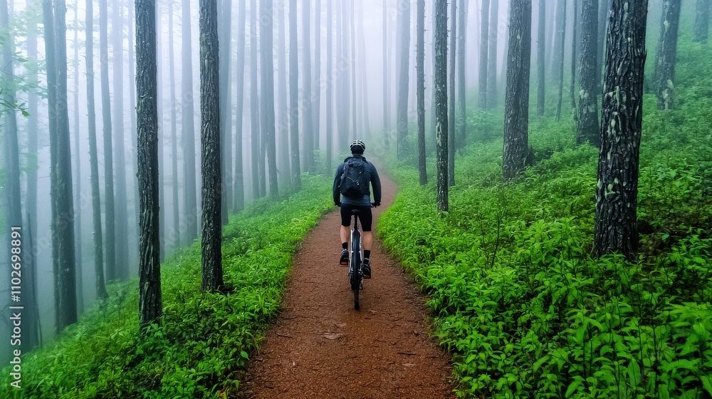 Obraz premium A cyclist rides along a misty forest path, surrounded by tall trees and lush greenery, creating a serene and tranquil atmosphere.