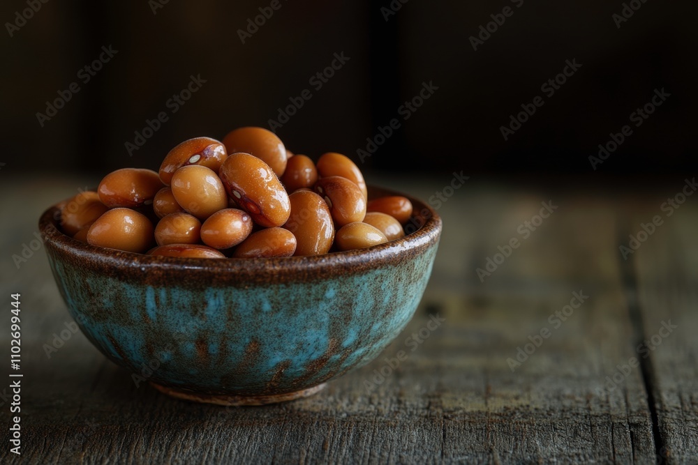 A Rustic Bowl Filled with Plump Brown Beans on a Wooden Table Surrounded by Natural Lighting Highlighting Texture and Color A Rustic Bowl Filled with Plump Brown Beans on a Wooden Table Surrounded by Natural Lighting Highlighting Texture and Color