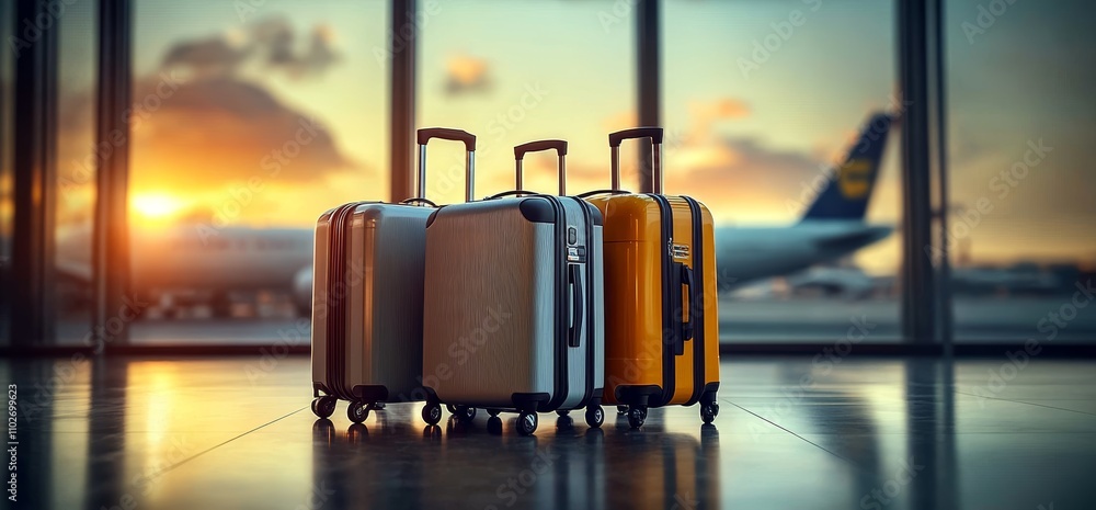 Three Suitcases at Sunset in Airport Terminal with Copy Space for Travel Three Suitcases at Sunset in Airport Terminal with Copy Space for Travel