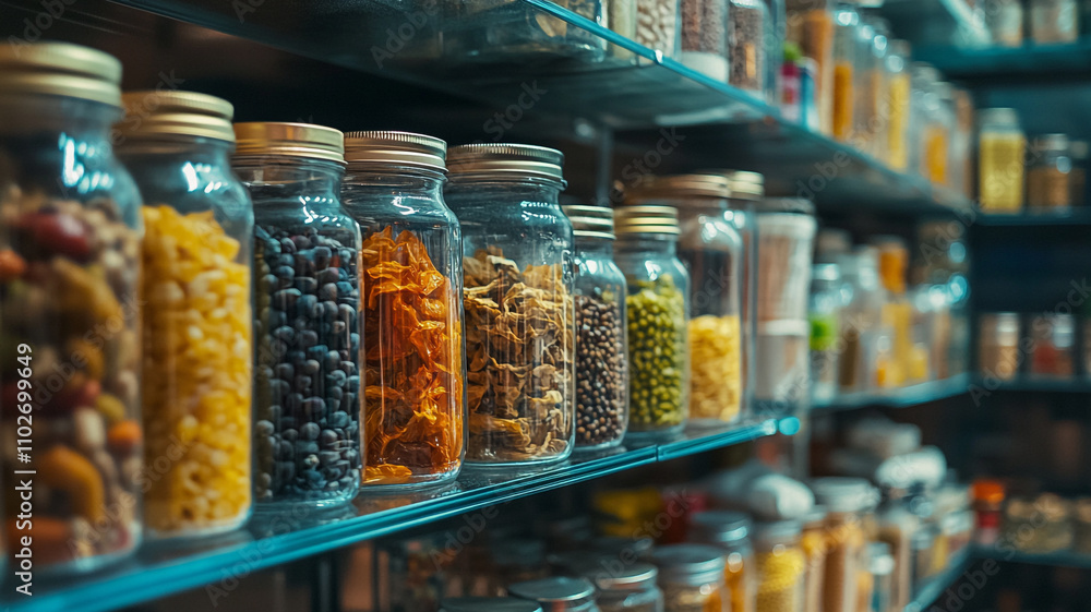 Food pantry shelves filled with jars of grains, spices, and dried goods for community support Food pantry shelves filled with jars of grains, spices, and dried goods for community support