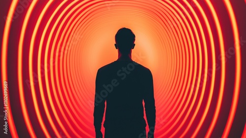 A silhouetted figure stands at the entrance of a vibrant, circular tunnel of orange and red light, creating a mesmerizing, atmospheric effect.