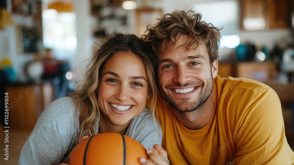 Fototapeta premium A smiling couple with a basketball, sharing a relaxed and warm moment indoors, symbolizing companionship, love, and shared interests in a homey atmosphere.