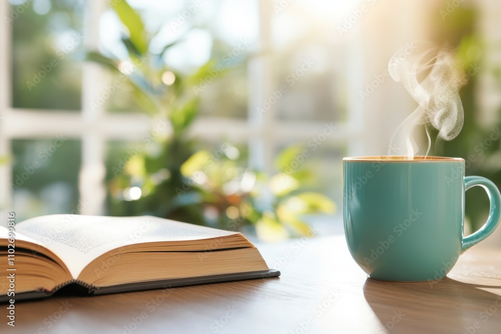 A blue mug of steaming coffee placed beside an open book on a wooden table, bathed in sunlight within a peaceful room, symbolizing leisure and contentment. A blue mug of steaming coffee placed beside an open book on a wooden table, bathed in sunlight within a peaceful room, symbolizing leisure and contentment.