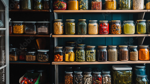 Wallpaper Mural Food pantry filled with jars of various preserved foods and ingredients for community assistance Torontodigital.ca