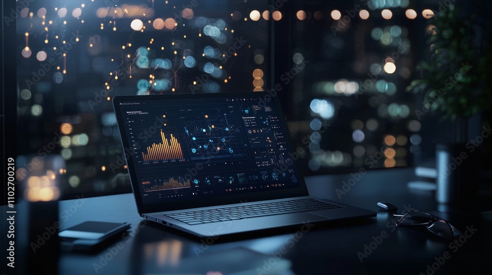 Futuristic laptop-tablet hybrid showcasing data analytics urban office digital workspace nighttime innovative technology Futuristic laptop-tablet hybrid showcasing data analytics urban office digital workspace nighttime innovative technology