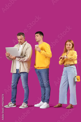 People waiting in line on purple background