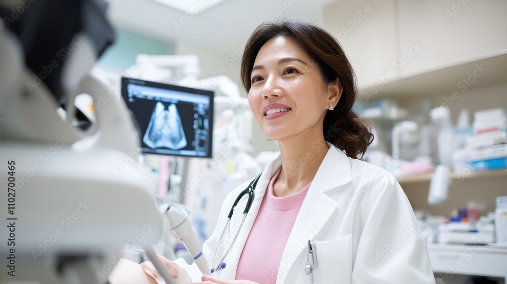 A female doctor wearing a white coat and stethoscope reviews a lung X-ray in a modern medical office setting, showcasing healthcare technology and professionalism. A female doctor wearing a white coat and stethoscope reviews a lung X-ray in a modern medical office setting, showcasing healthcare technology and professionalism.