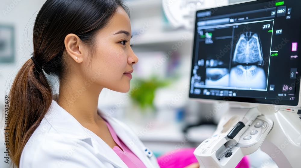 A medical specialist in a laboratory coat examines patient information on a high-tech screen, showcasing innovation, precision, and patient care in clinical work. A medical specialist in a laboratory coat examines patient information on a high-tech screen, showcasing innovation, precision, and patient care in clinical work.