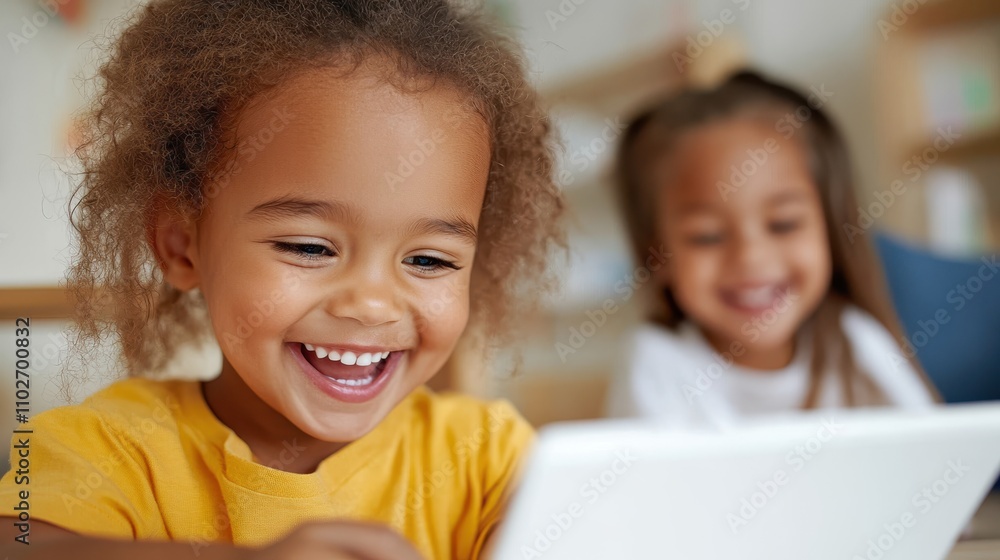 Two children, in a bright classroom, happily use a tablet together, fostering collaboration and friendship, while enjoying digital educational content. Two children, in a bright classroom, happily use a tablet together, fostering collaboration and friendship, while enjoying digital educational content.