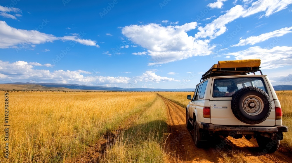 A rugged off-road vehicle travels down a dirt path through a wide, sunlit savannah, surrounded by golden grass under a clear blue sky, depicting adventure and freedom. A rugged off-road vehicle travels down a dirt path through a wide, sunlit savannah, surrounded by golden grass under a clear blue sky, depicting adventure and freedom.