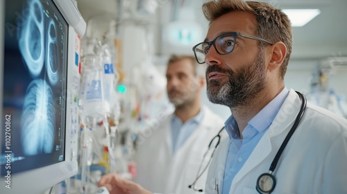 Doctors and medical staff analyze complex medical scans on a digital screen within a technologically advanced hospital environment, ensuring accurate patient care.