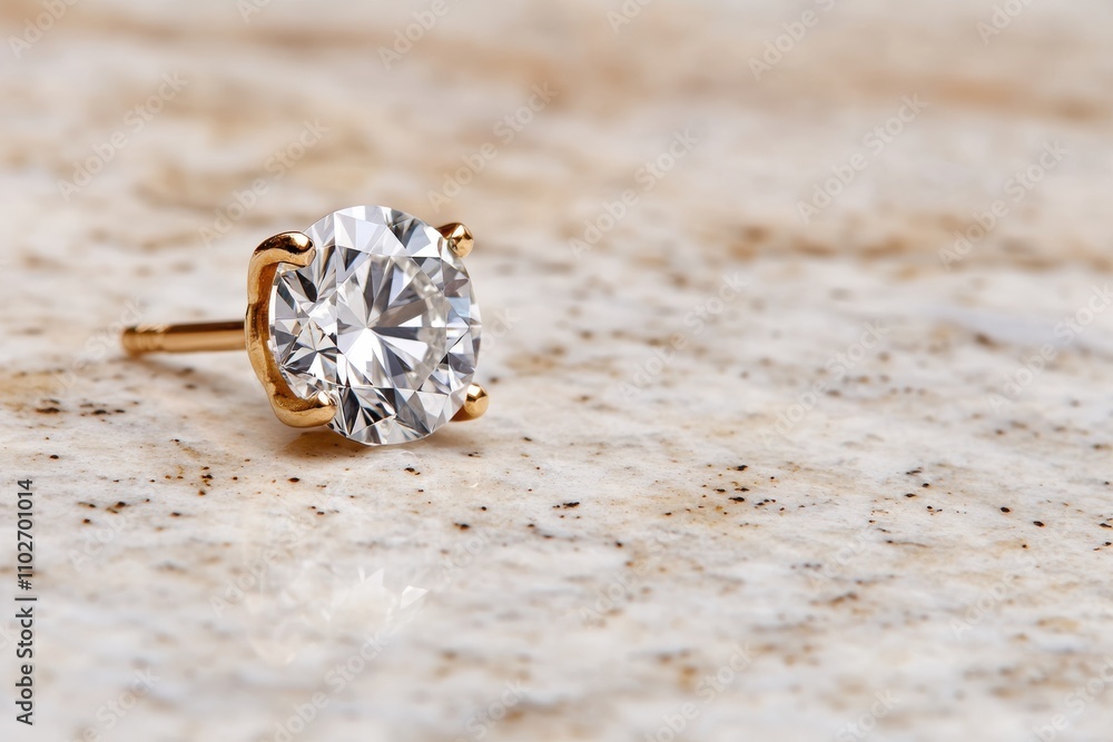 Fototapeta premium A solitary, glistening diamond earring with a gold setting elegantly positioned on a textured stone surface, highlighting the sophisticated beauty of fine jewelry.