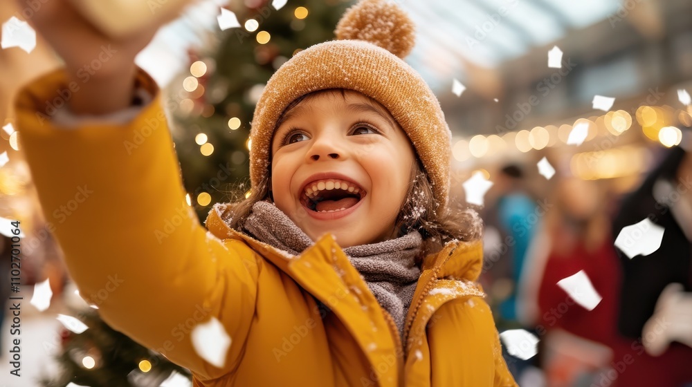 A joyful kid clad in a yellow jacket and woolen hat enjoys the falling snow indoors, illuminated by festive decor and twinkling lights. A joyful kid clad in a yellow jacket and woolen hat enjoys the falling snow indoors, illuminated by festive decor and twinkling lights.