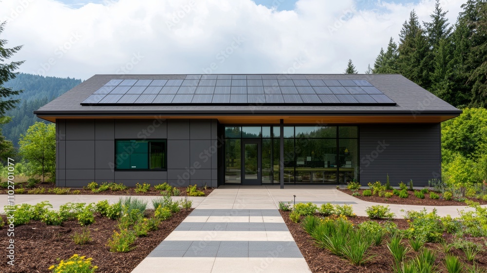 Innovative green tech research center showcasing sustainable architecture surrounded by lush nature modern design eco-friendly concept