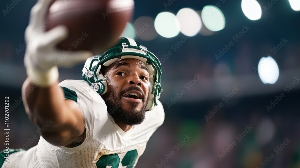 Fototapeta premium A determined football player in green and white gear, reaching out for the ball with a look of excitement on his face during a night-time game in a large stadium.