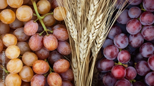 Symbols of sacrament: grapes and wheat. A close-up of grape clusters and wheat stalks, symbolizing the natural provisions for communion and spiritual practices.