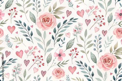 A seamless vector design blending artistic watercolor elements with a romantic theme, featuring delicate hearts, soft hues, and fluid brushstroke patterns. photo