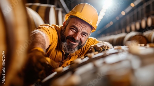 A skilled, bearded craftsman, full of determination, is assembling wooden barrels, showcasing his expertise and dedication in the finishing stages of barrel making. photo