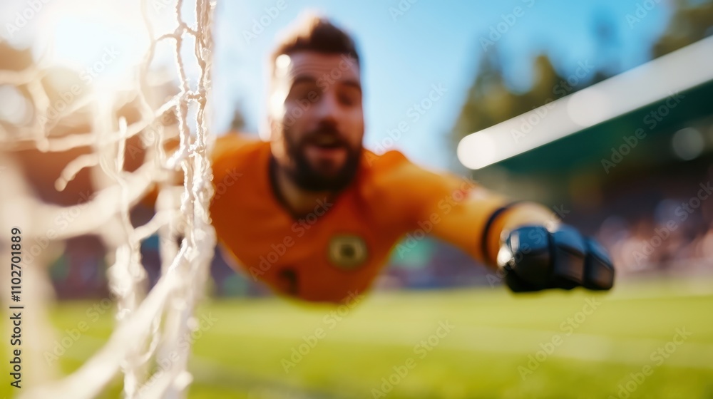 Obraz premium A dynamic image of a bearded goalkeeper diving heroically to save a ball during a high-stakes soccer match, capturing the intensity and focus of the sport.