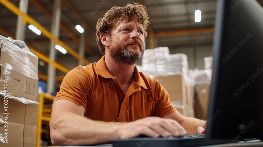 A man in an orange shirt sits focused at a laptop, surrounded by boxes in a warehouse, representing dedication on warehouse stock and logistics management. A man in an orange shirt sits focused at a laptop, surrounded by boxes in a warehouse, representing dedication on warehouse stock and logistics management.