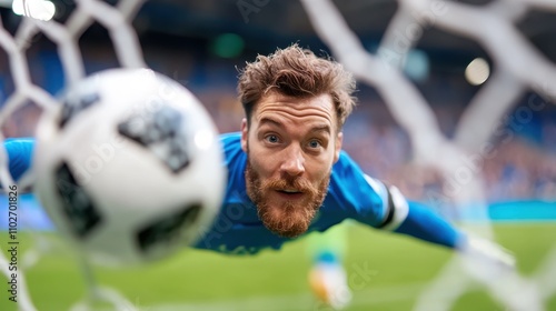 A bearded soccer goalkeeper captured mid-air diving heroically to save a fast-moving ball, displaying intense concentration and determination in lush green stadium setting. photo