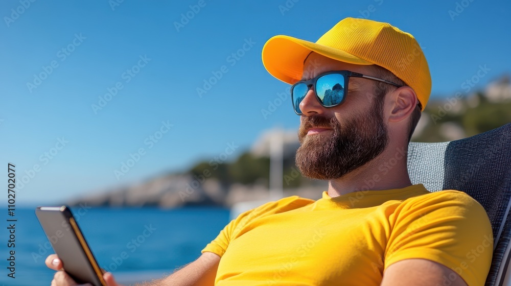 Fototapeta premium A bearded man in a yellow cap and shirt sits by the seaside, holding a tablet and enjoying a sunny day with a calm demeanor and joyful relaxation.